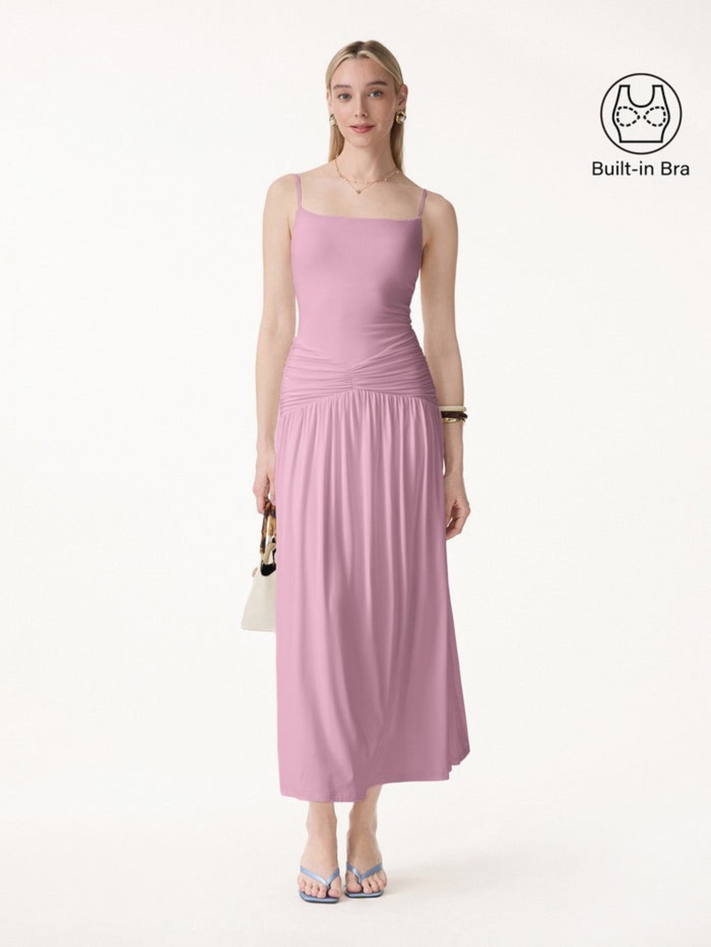 OGL Pink Spaghetti-Strap Maxi Dress with Ruched Waist